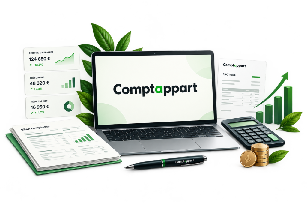Illustration Comptappart représentant la comptabilité et la gestion financière dans un univers professionnel vert.