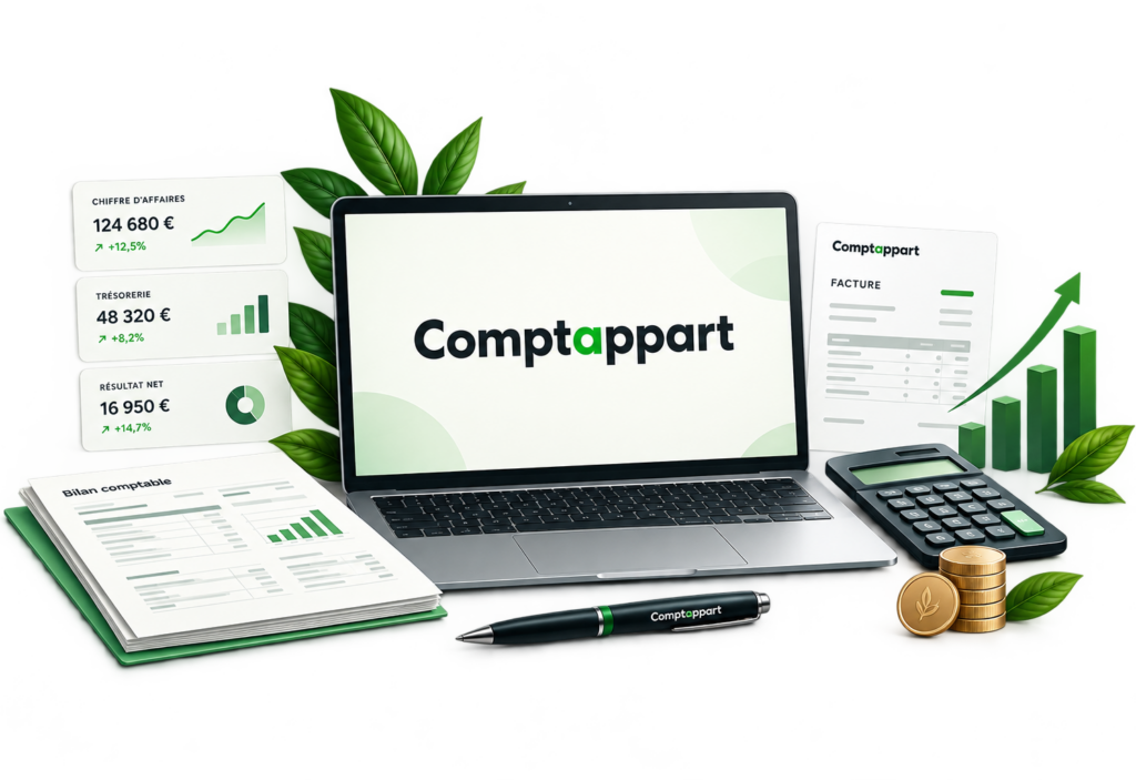llustration Comptappart représentant la comptabilité et la gestion financière dans un univers professionnel vert.